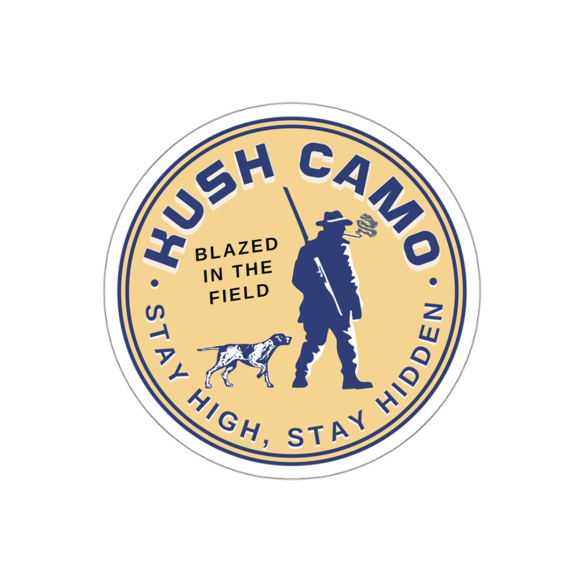 Kush Camo Blazed In The Field round vinyl sticker with weed leaf graphic and text 'Stay High Stay Hidden'