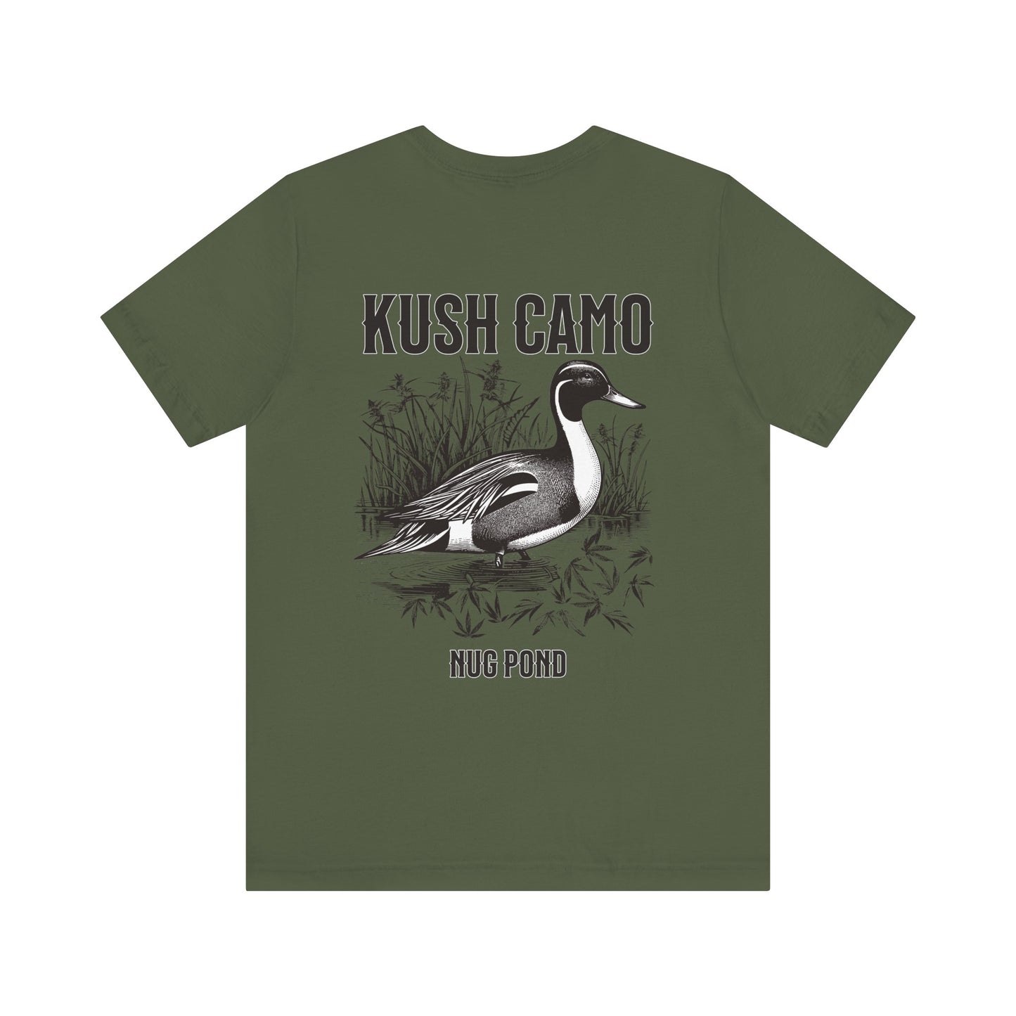 Green T-shirt with Kush Camo Nug Pond graphic of a duck and the text 'NUG POND'.