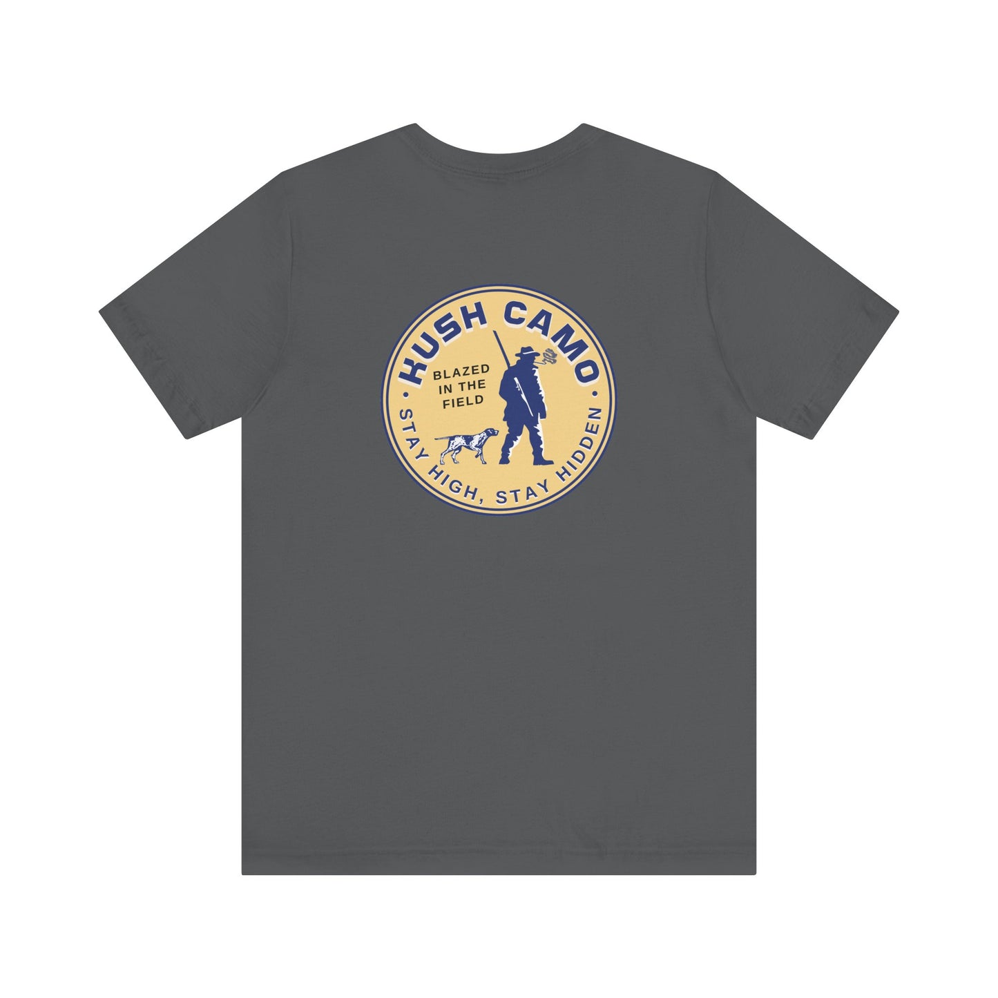 Kush Camo Blazed In The Field graphic tee showing round logo with hunter, cannabis leaf and text.