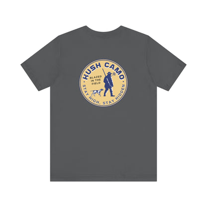 Kush Camo Blazed In The Field graphic tee showing round logo with hunter, cannabis leaf and text.