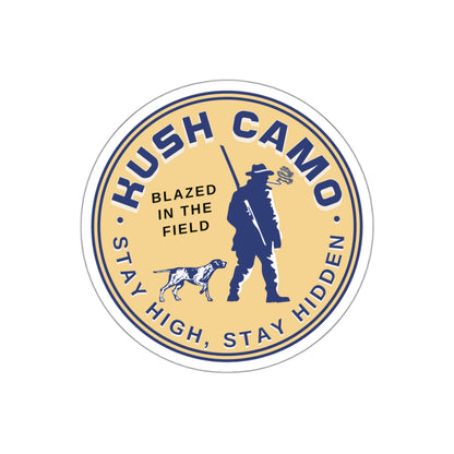 Kush Camo Blazed In The Field round vinyl sticker with weed leaf graphic and text 'Stay High Stay Hidden'