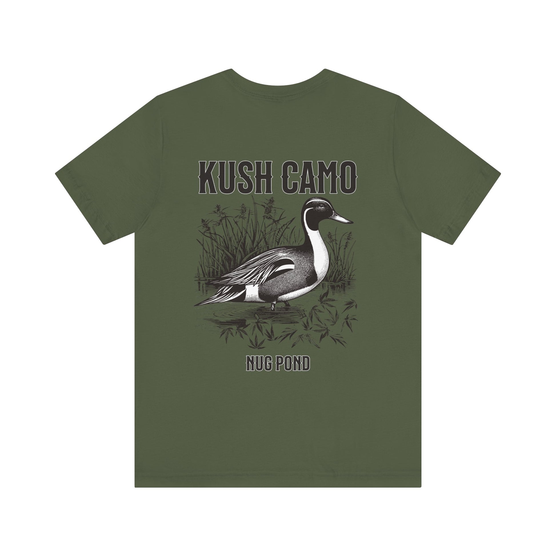Green T-shirt with Kush Camo Nug Pond graphic of a duck and the text 'NUG POND'.