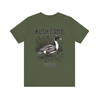 Green T-shirt with Kush Camo Nug Pond graphic of a duck and the text 'NUG POND'.